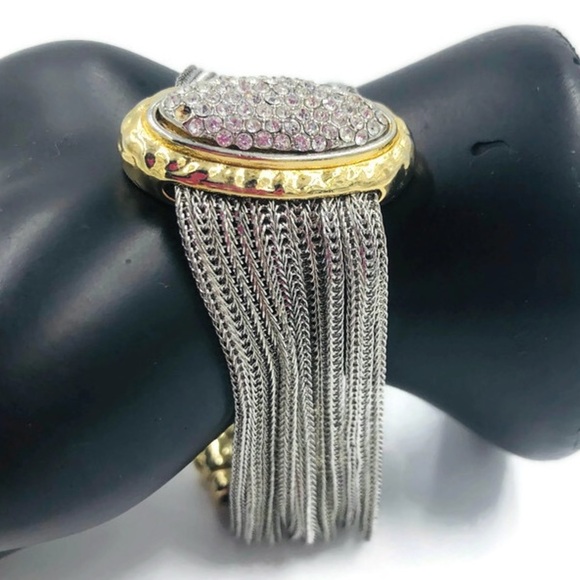 Designer Silver Cable Gold Crystals Chain Bracelet - Picture 2 of 6